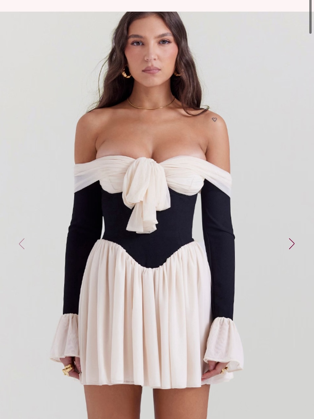 House of CB Alana Dress Black and Cream Off-Shoulder Mini Dress